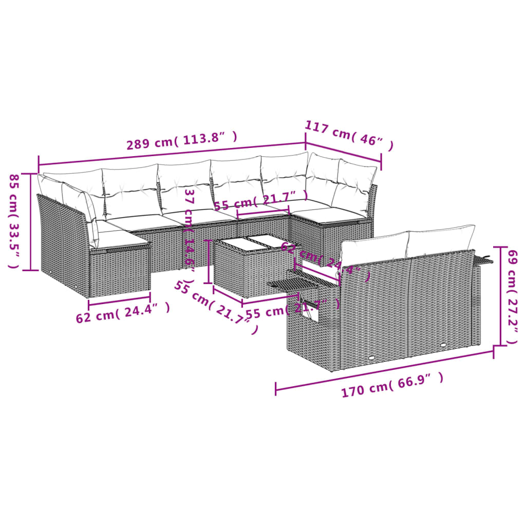 Set mobilier de grădină cu perne, 10 piese, gri, poliratan