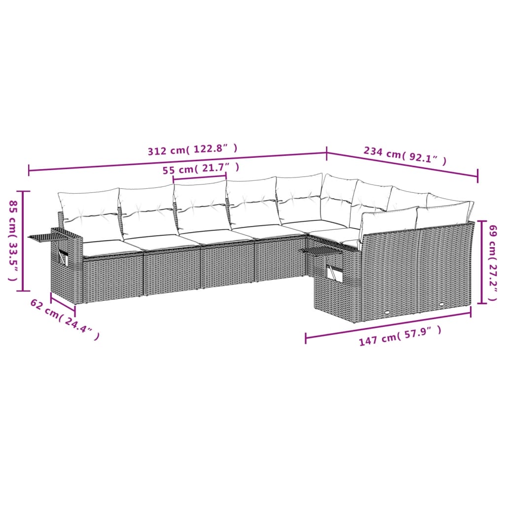 Set mobilier de grădină cu perne, 9 piese, negru, poliratan