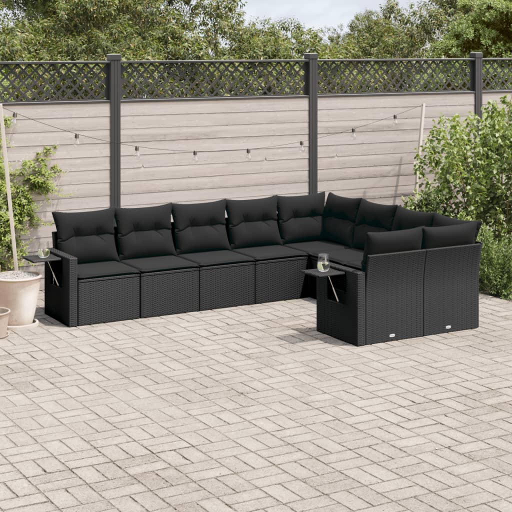 Set mobilier de grădină cu perne, 9 piese, negru, poliratan