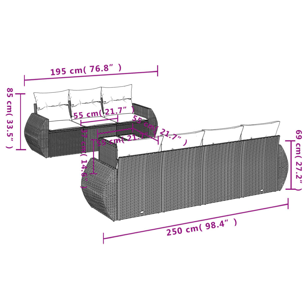 Set mobilier de grădină cu perne, 8 piese, negru, poliratan