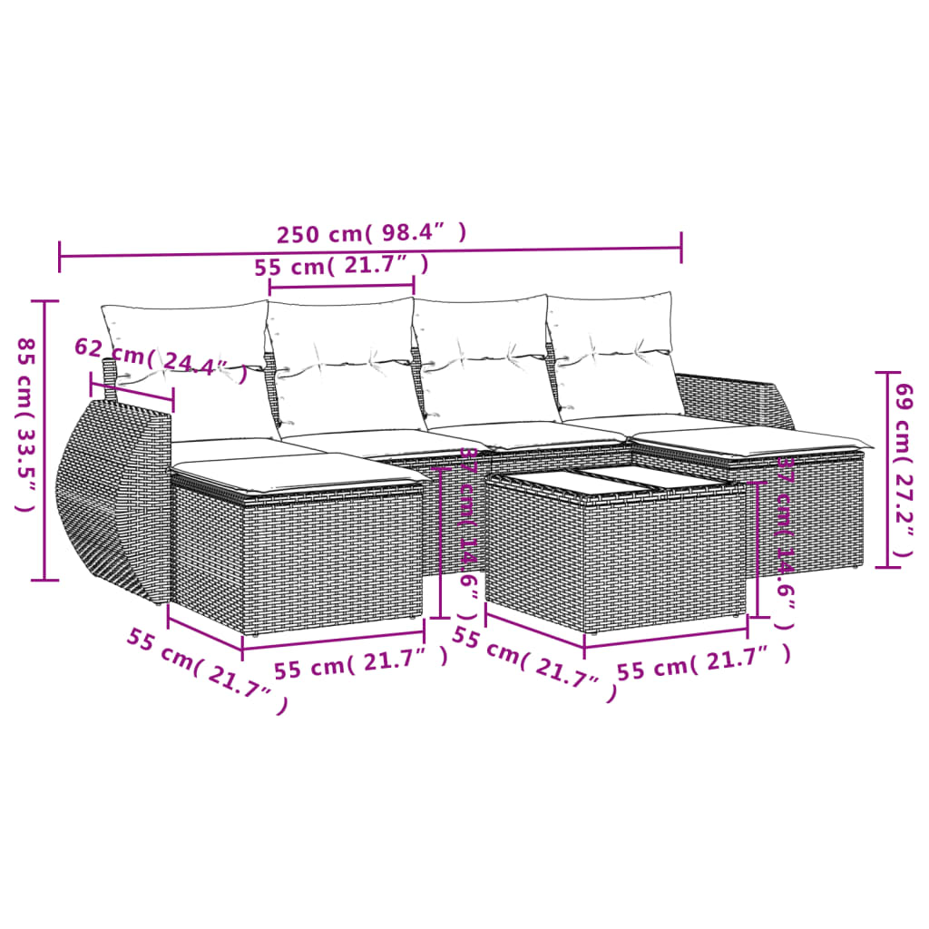 Set canapele de grădină cu perne, 7 piese, negru, poliratan