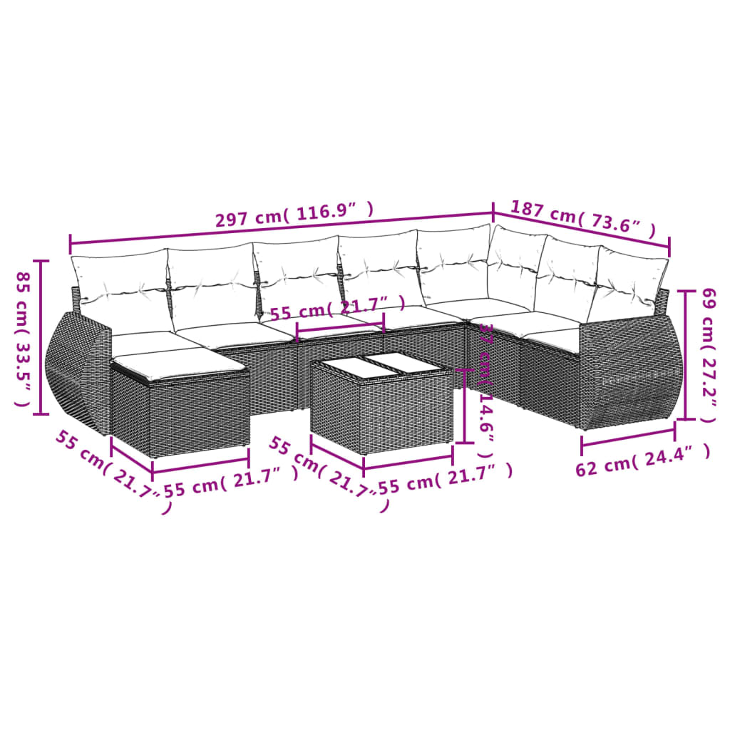 Set mobilier de grădină cu perne, 8 piese, negru, poliratan