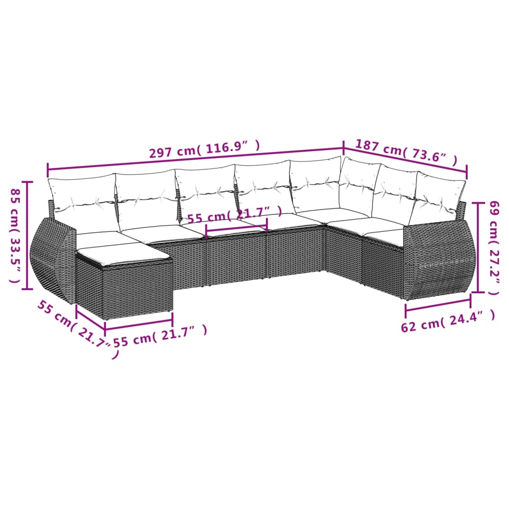 Set canapele de grădină, 9 piese, cu perne, gri, poliratan