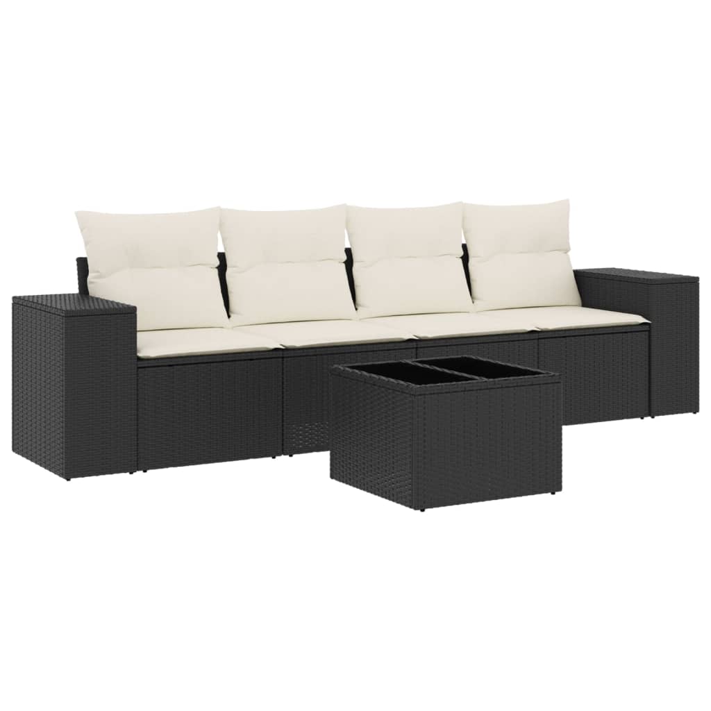 Set mobilier de grădină cu perne, 5 piese, negru, poliratan