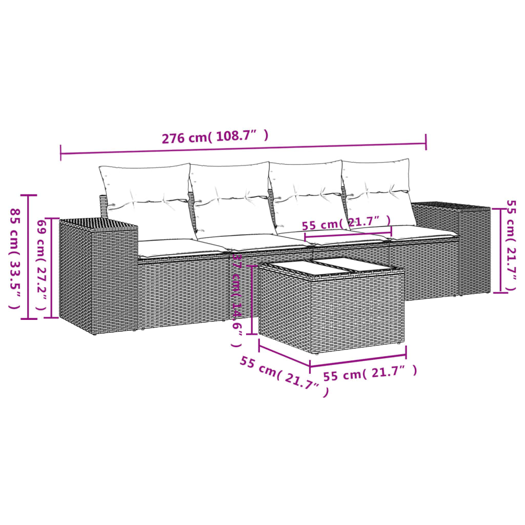 Set mobilier de grădină cu perne, 5 piese, negru, poliratan