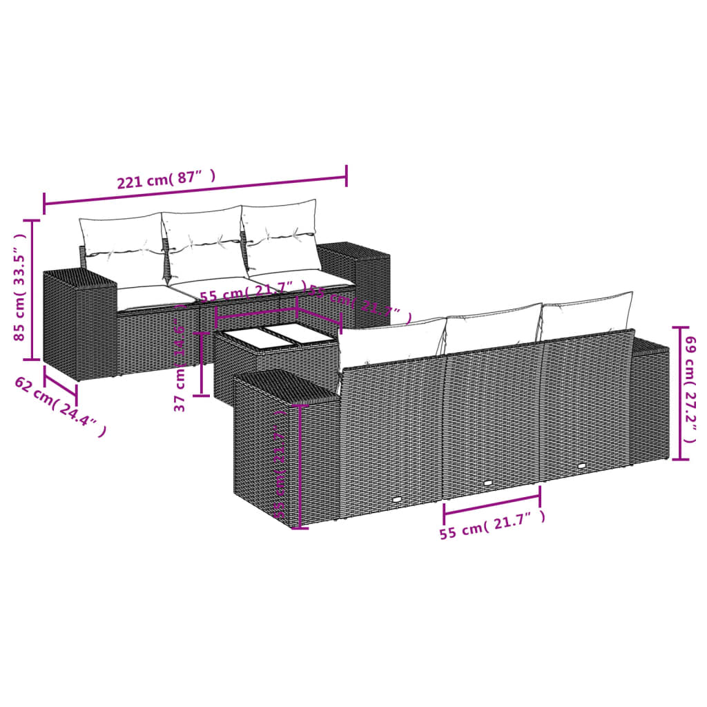 Set canapele de grădină cu perne, 7 piese, negru, poliratan