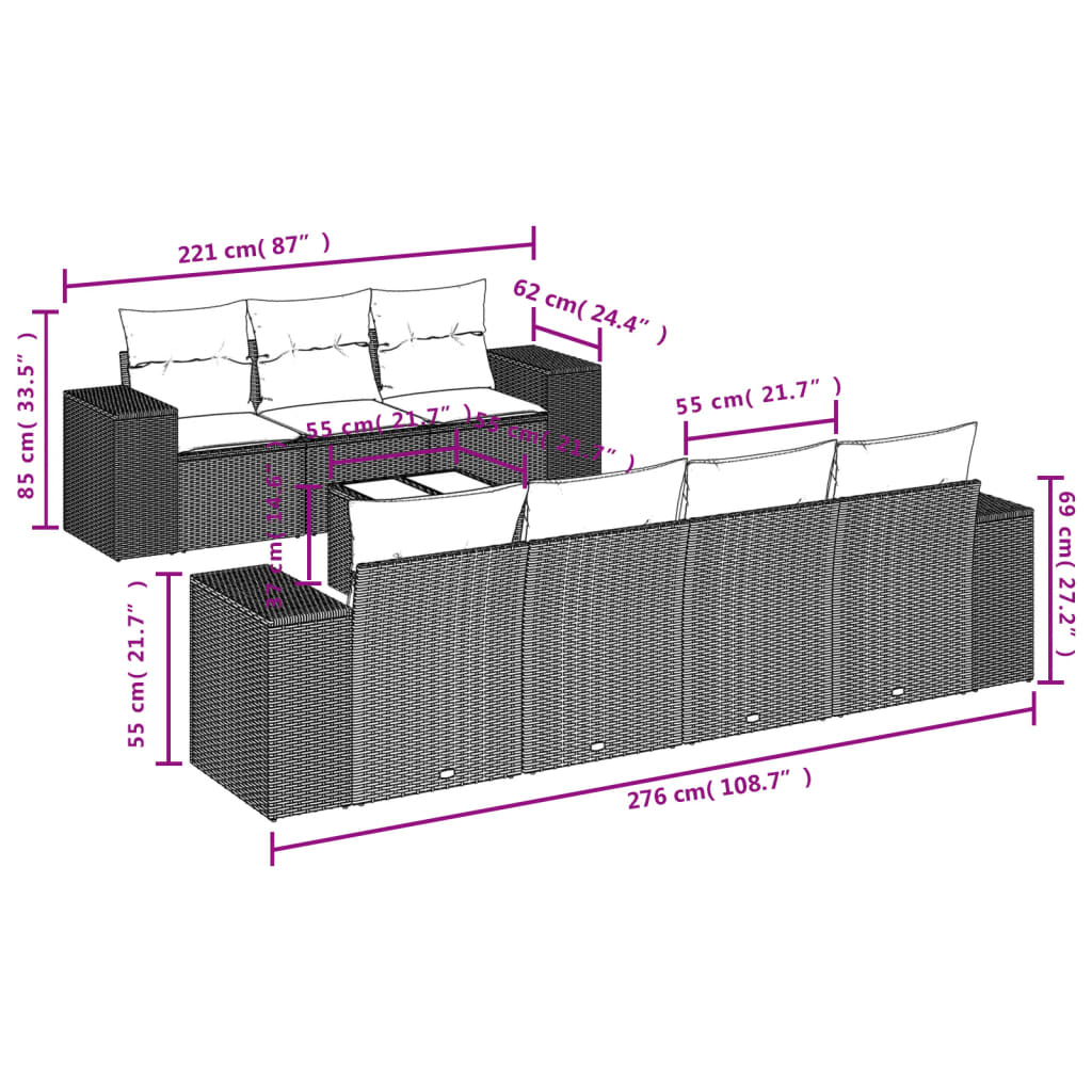 Set mobilier de grădină cu perne, 8 piese, negru, poliratan