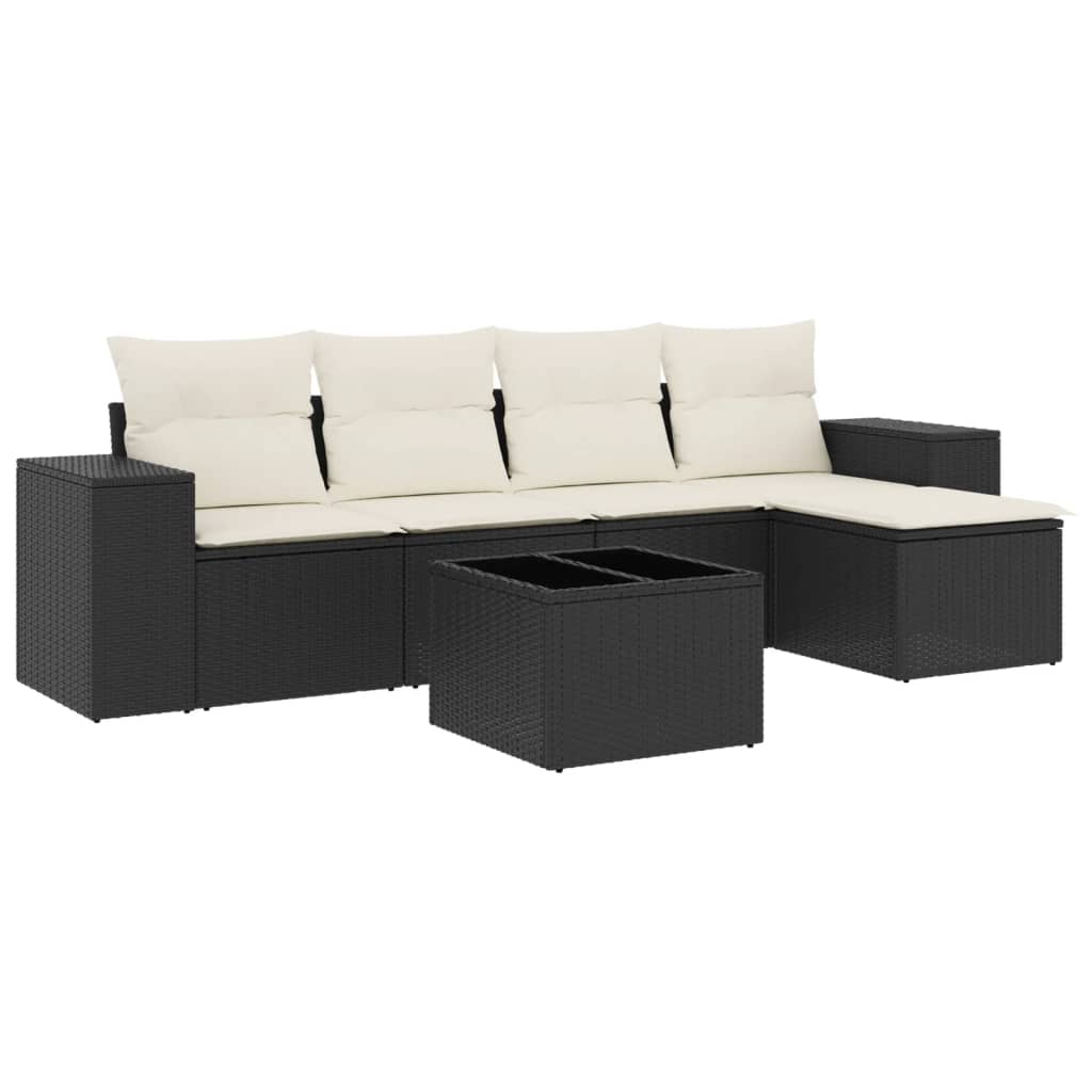 Set mobilier de grădină cu perne, 6 piese, negru, poliratan