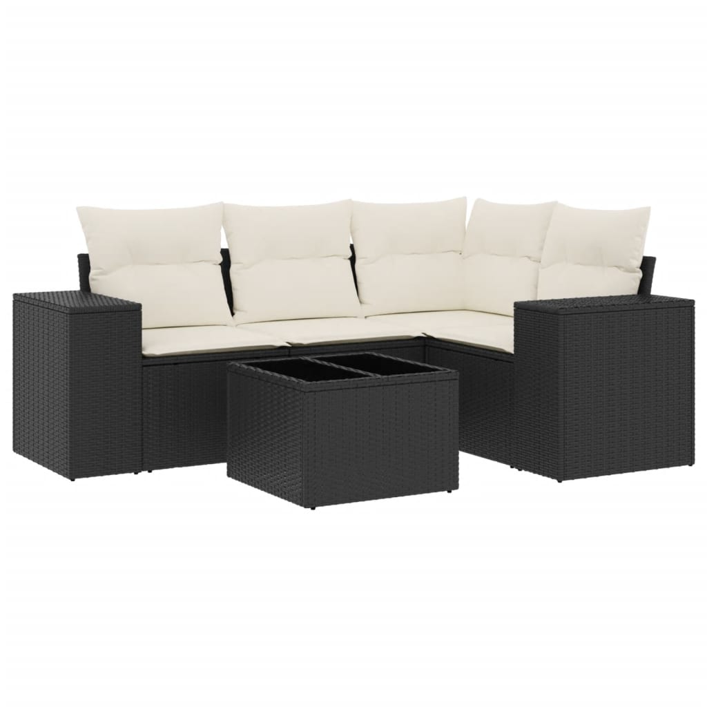 Set mobilier de grădină cu perne, 5 piese, negru, poliratan