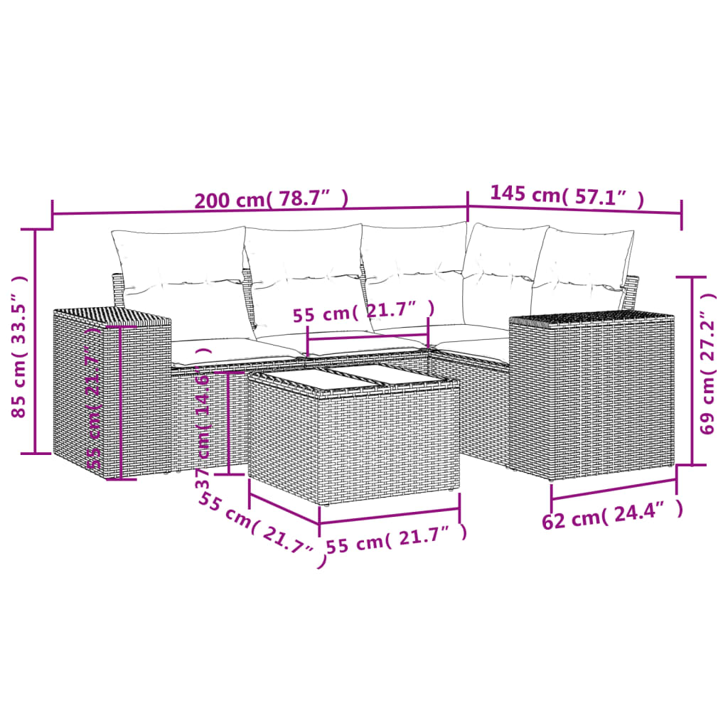 Set mobilier de grădină cu perne, 5 piese, negru, poliratan