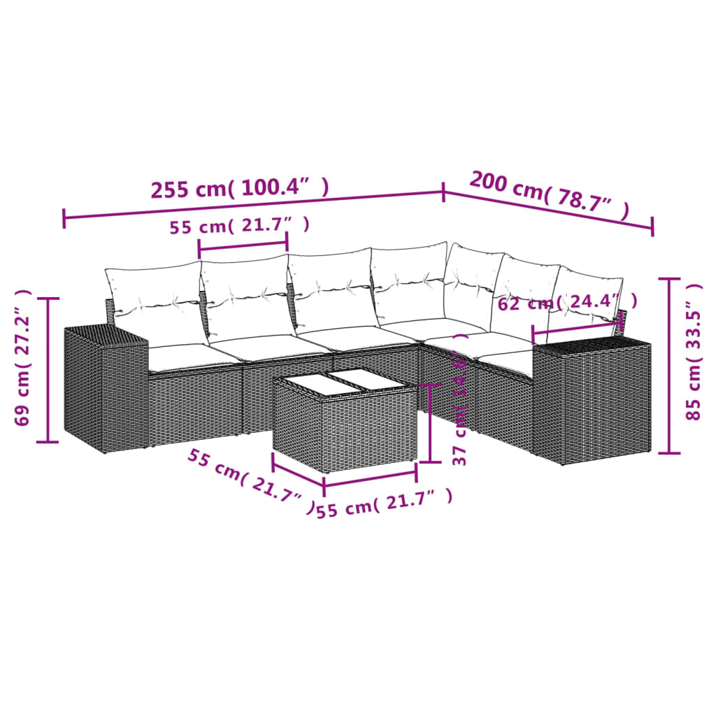 Set canapele de grădină cu perne, 7 piese, negru, poliratan