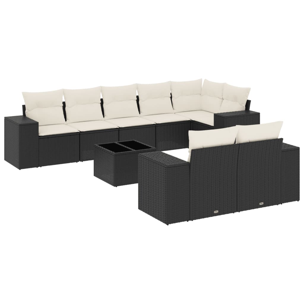 Set mobilier de grădină cu perne, 9 piese, negru, poliratan