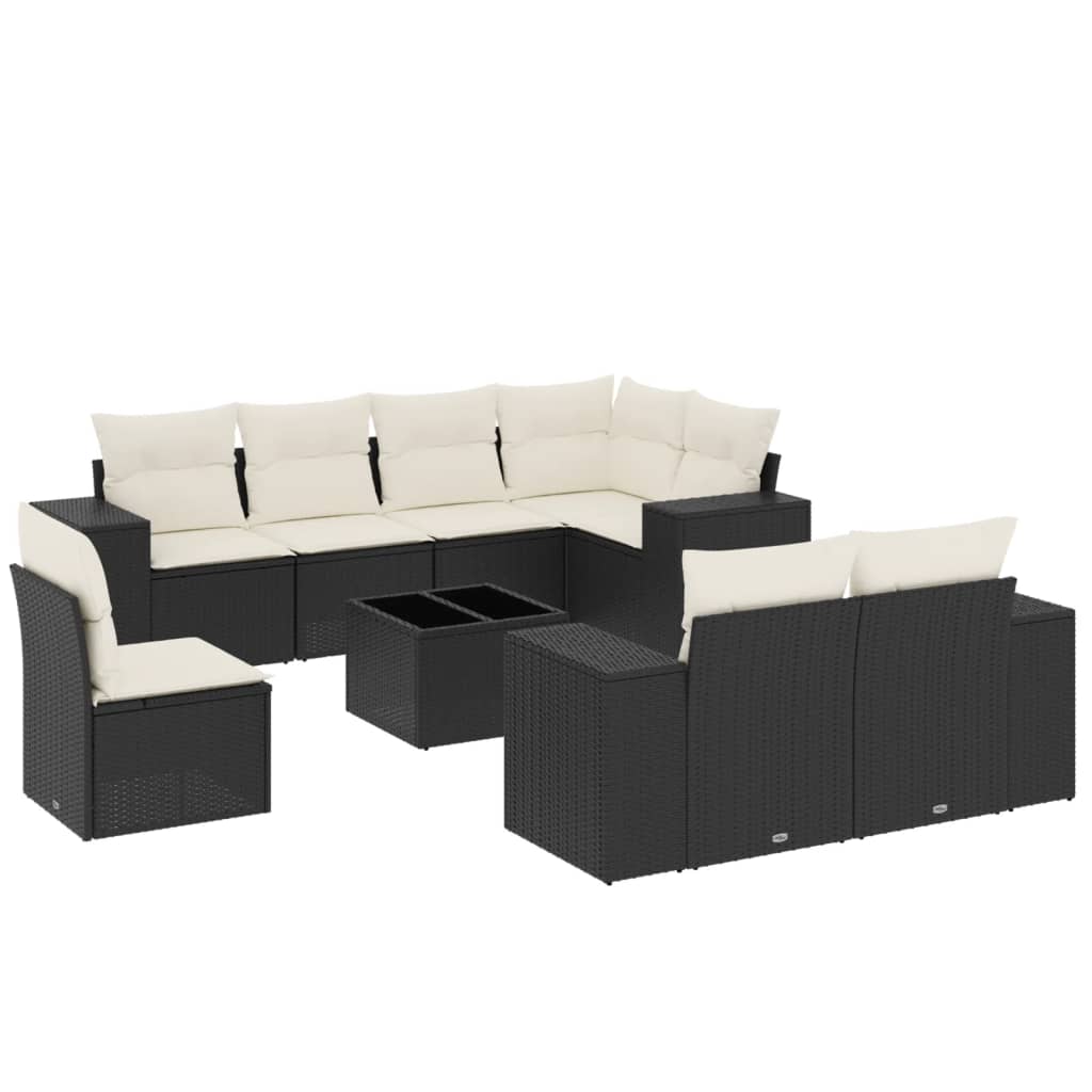 Set mobilier de grădină cu perne, 9 piese, negru, poliratan