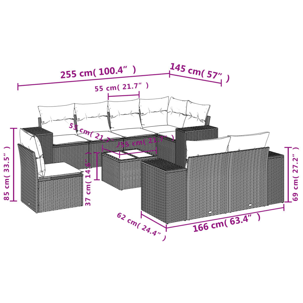 Set mobilier de grădină cu perne, 9 piese, negru, poliratan