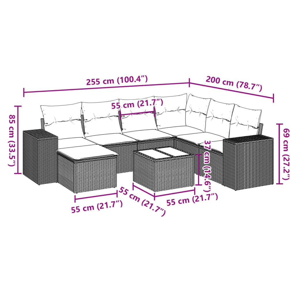 Set mobilier de grădină cu perne, 8 piese, negru, poliratan