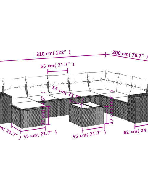 Загрузите изображение в средство просмотра галереи, Set mobilier de grădină cu perne, 9 piese, negru, poliratan
