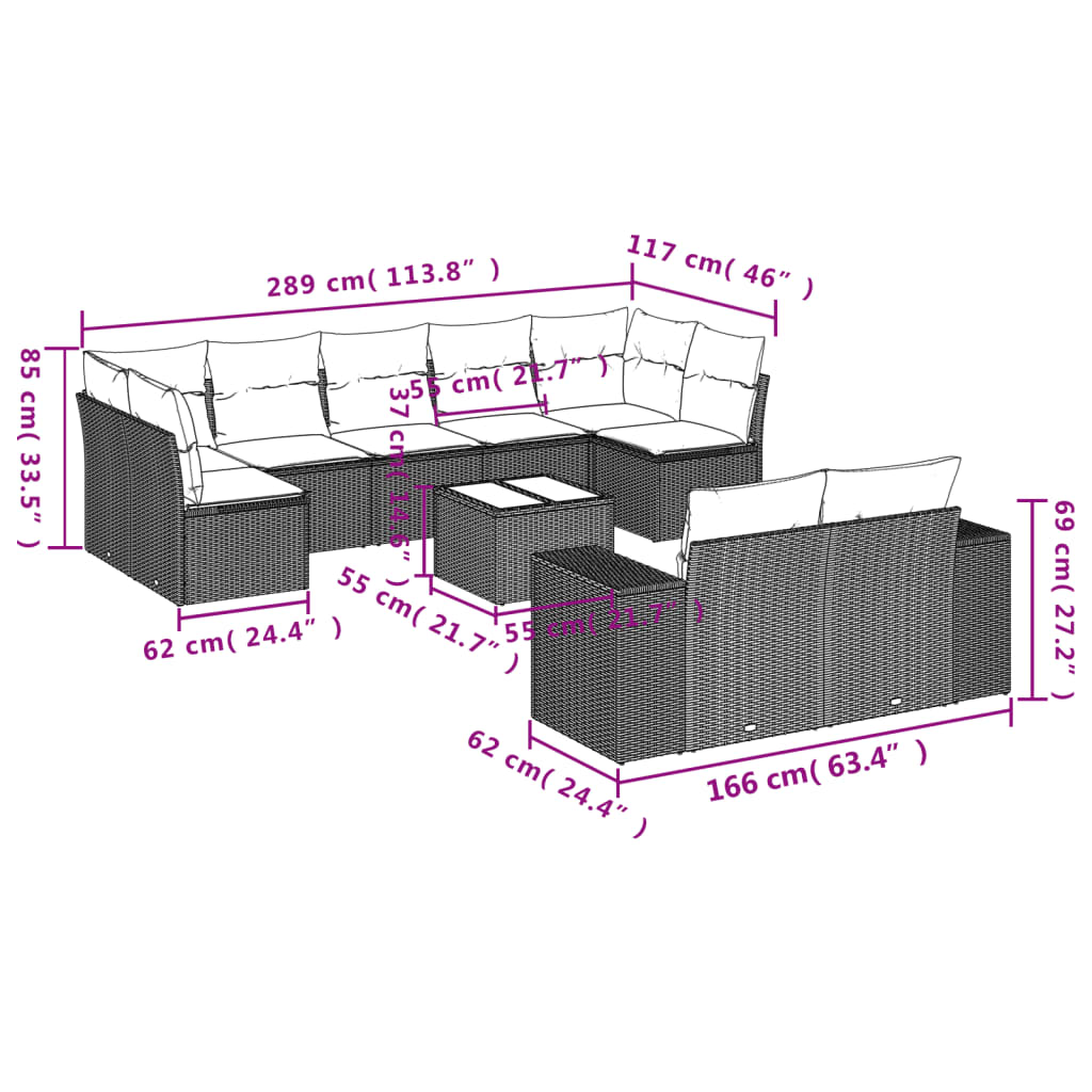 Set mobilier de grădină cu perne, 10 piese, gri, poliratan