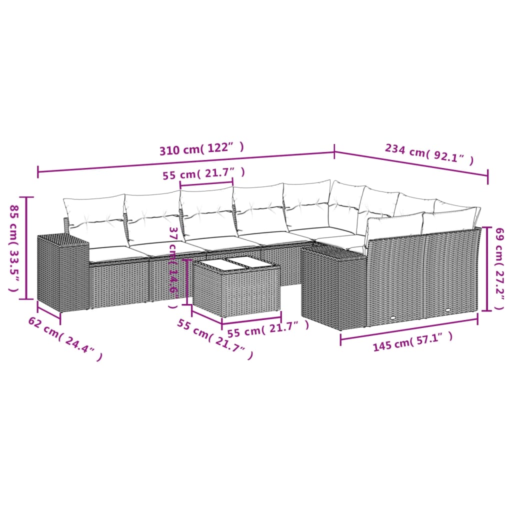 Set mobilier de grădină cu perne, 10 piese, gri, poliratan