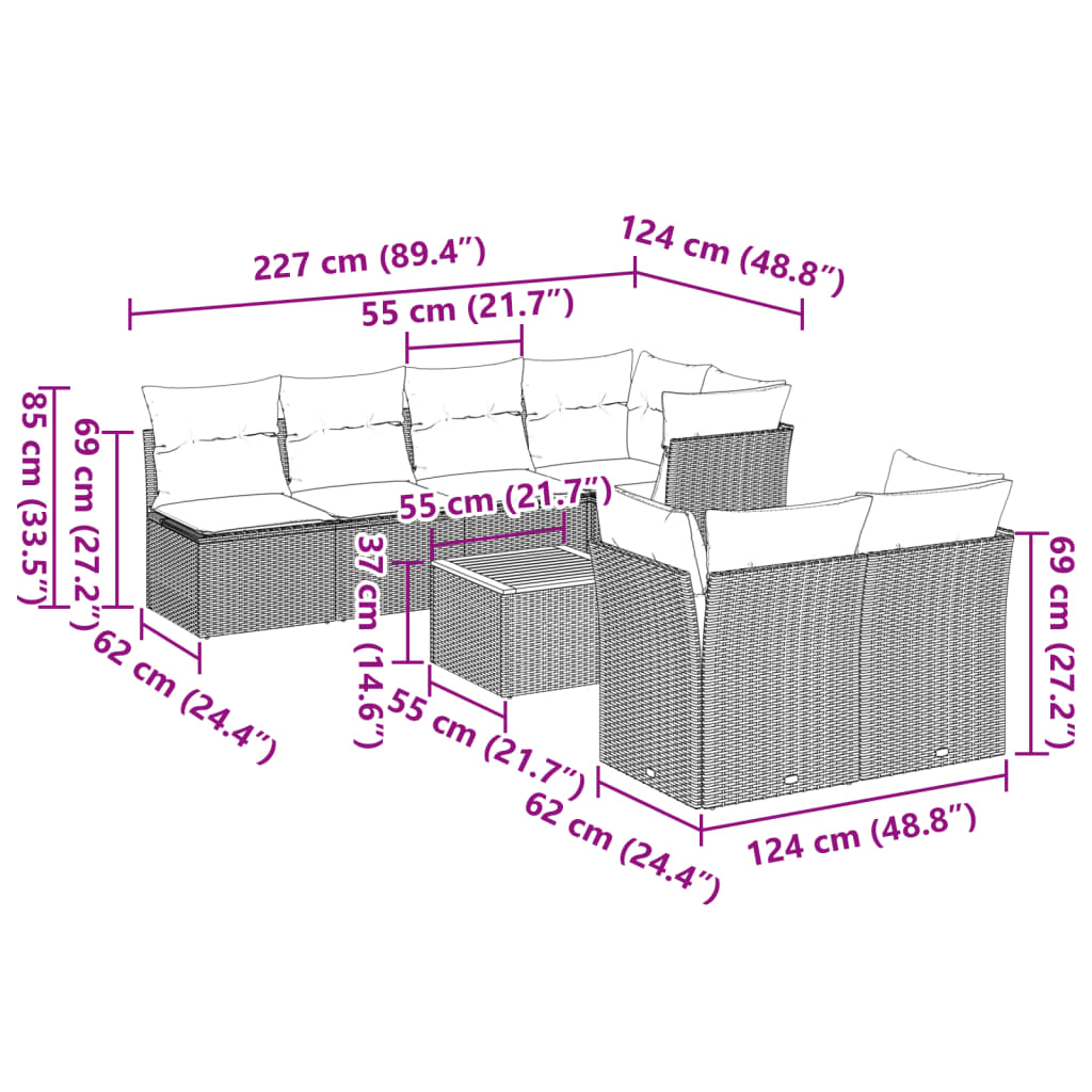 Set canapele de grădină cu perne, 8 piese, gri, poliratan