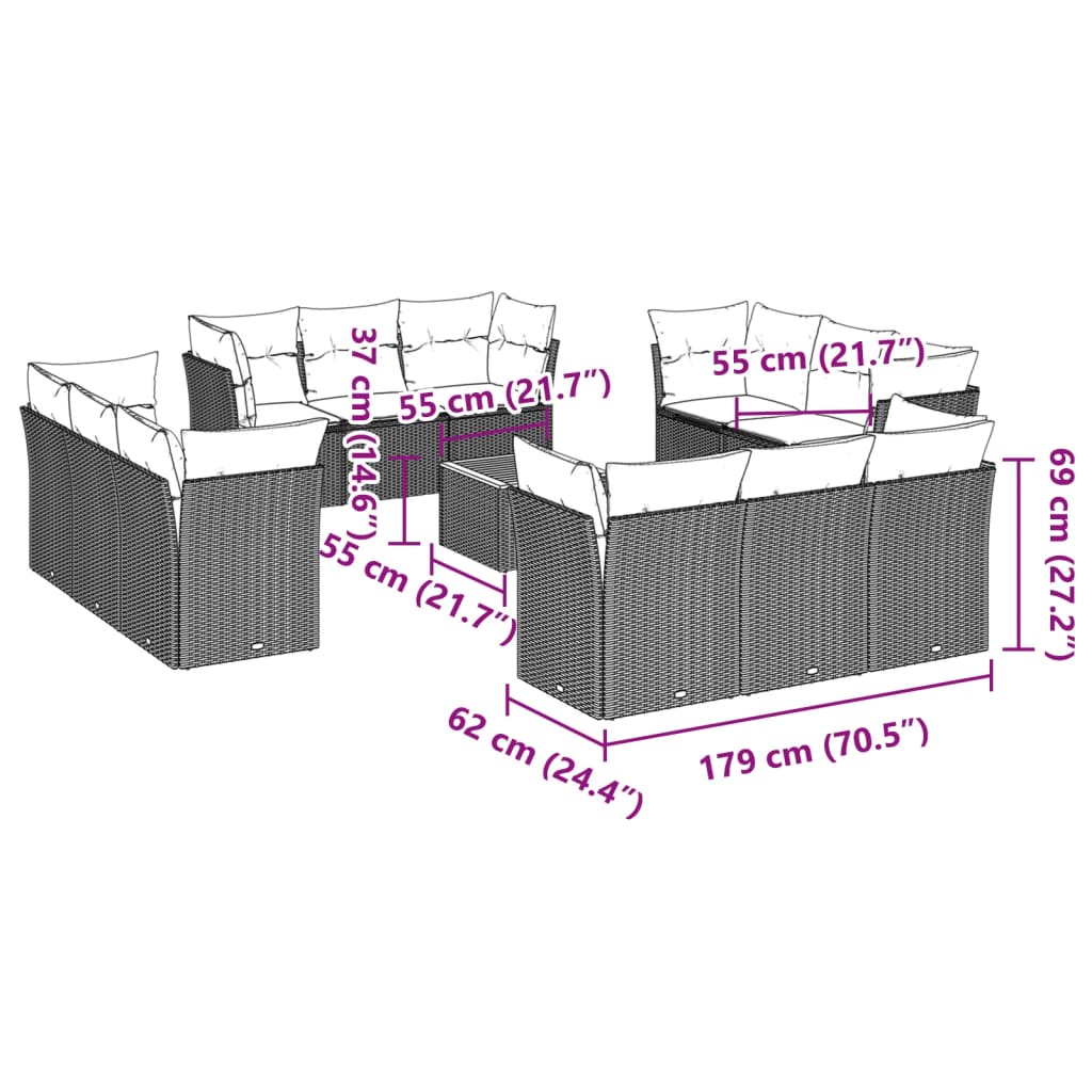 Set canapele de grădină, 13 piese, cu perne, bej, poliratan