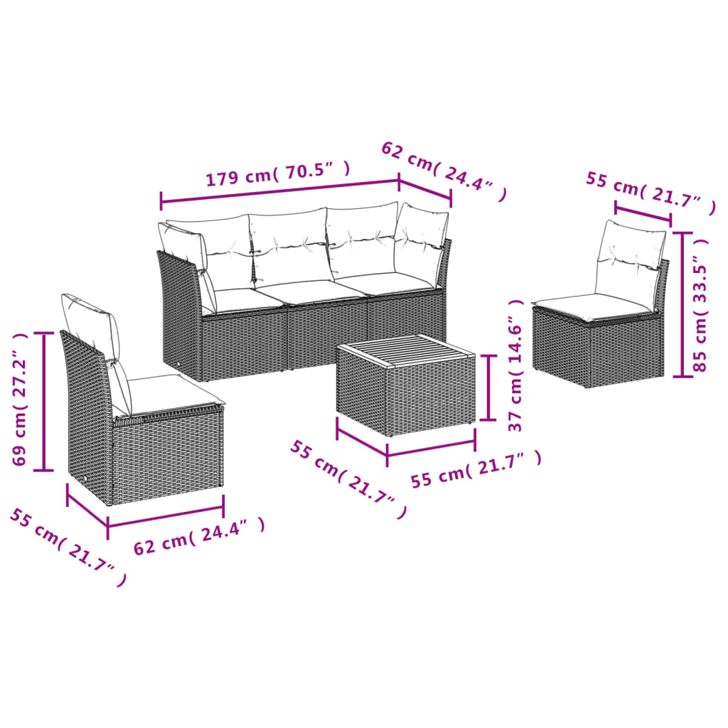 Set mobilier grădină cu perne, 6 piese, gri, poliratan