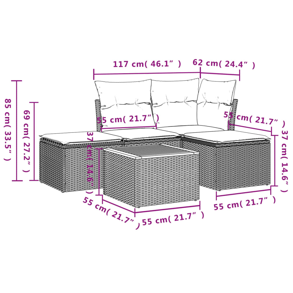 Set mobilier de grădină cu perne, 5 piese, negru, poliratan