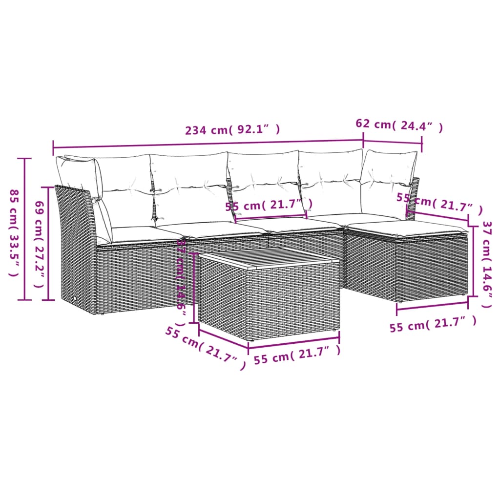 Set mobilier de grădină cu perne, 6 piese, negru, poliratan