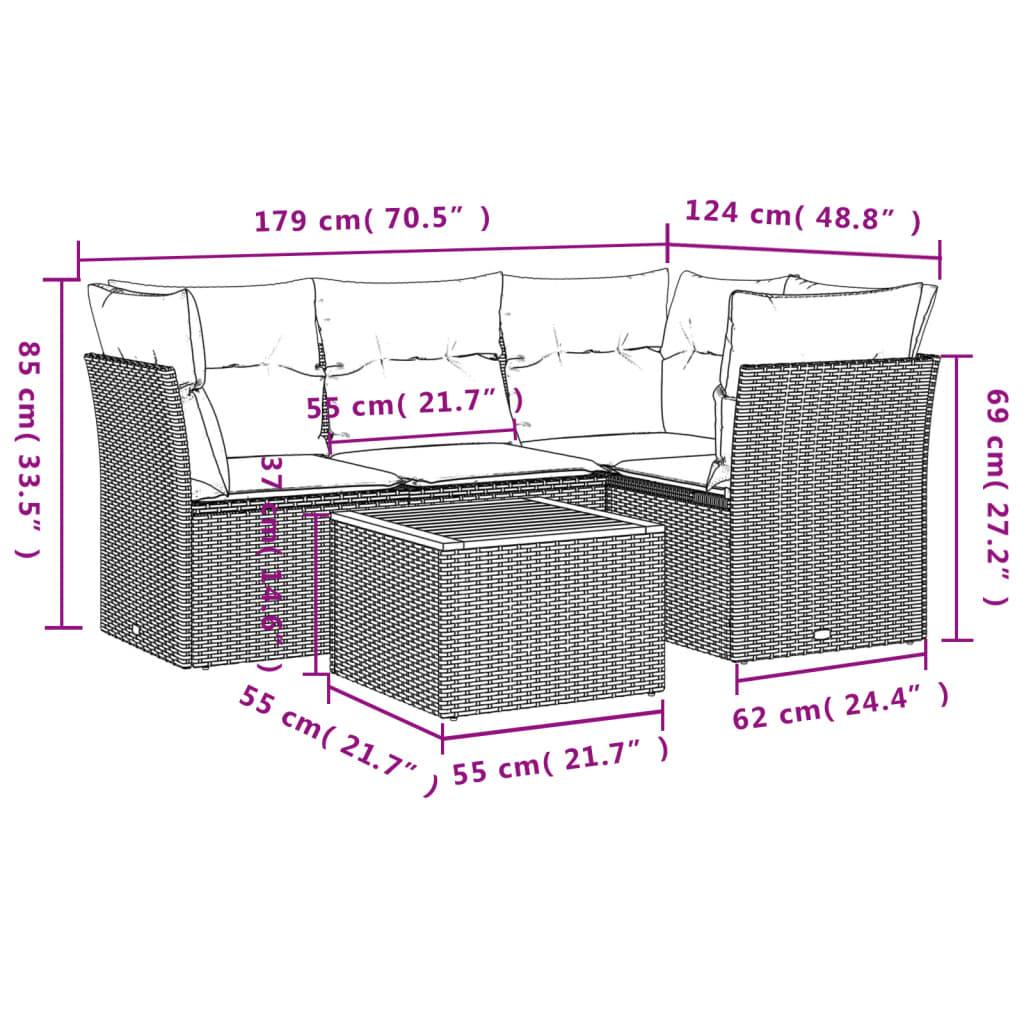 Set mobilier de grădină cu perne, 5 piese, negru, poliratan