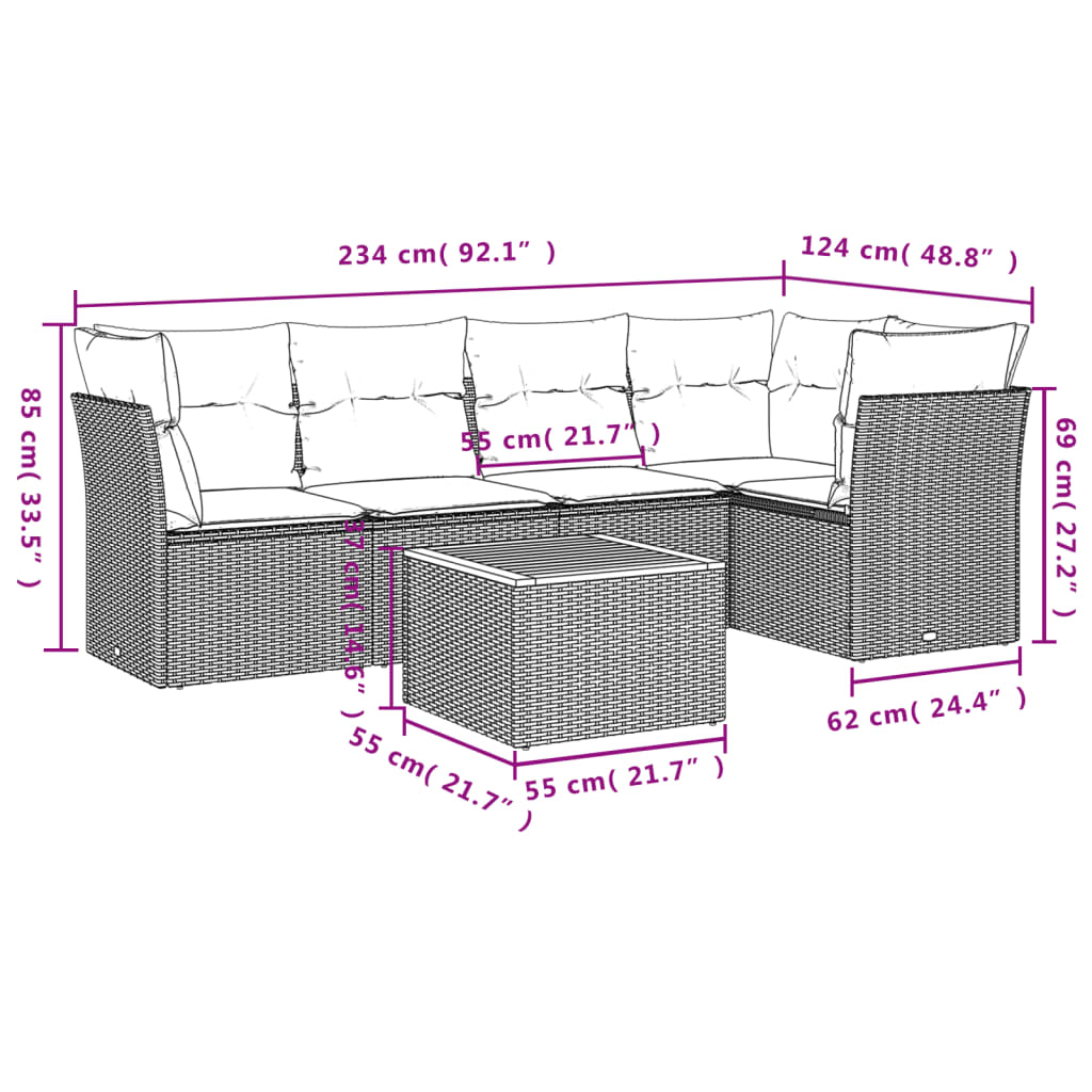 Set mobilier grădină cu perne, 6 piese, gri, poliratan