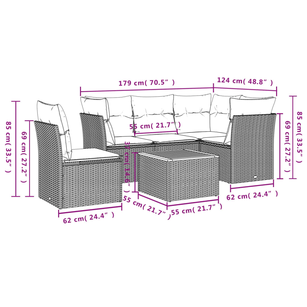 Set mobilier grădină cu perne, 6 piese, gri, poliratan