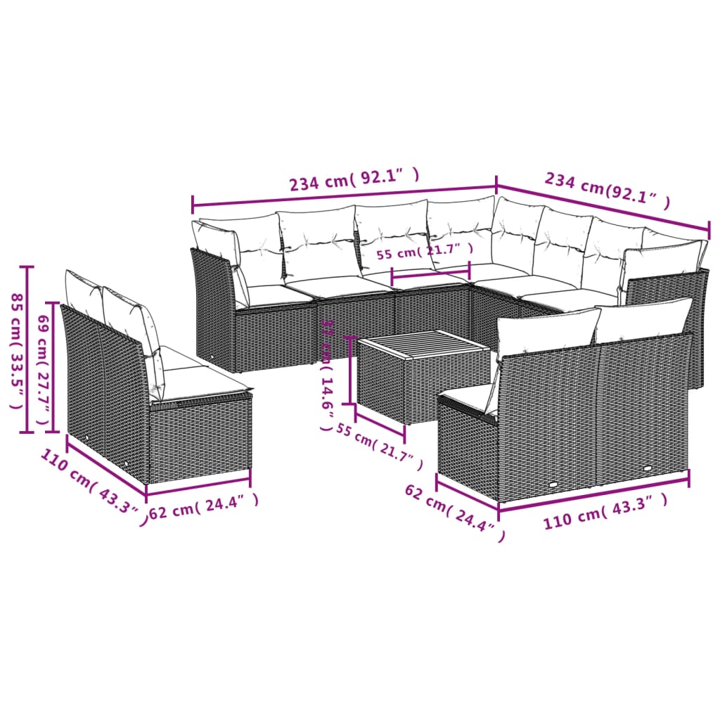 Set canapele de grădină, 12 piese, cu perne, negru, poliratan