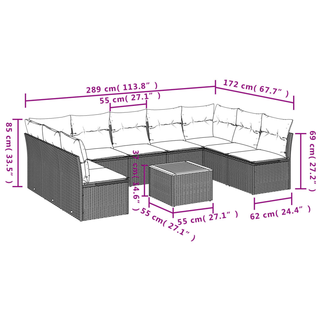 Set mobilier de grădină cu perne, 10 piese, gri, poliratan