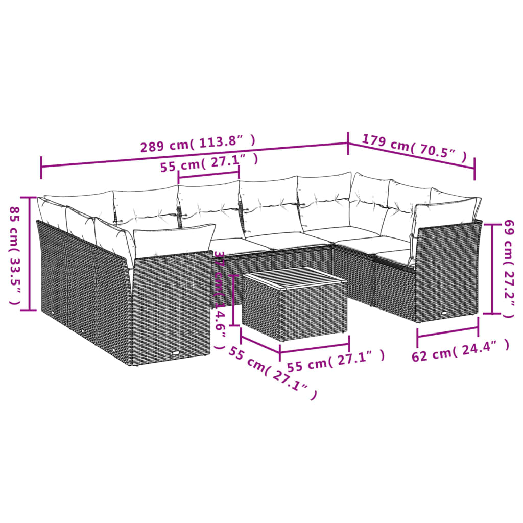 Set mobilier de grădină cu perne, 10 piese, gri, poliratan