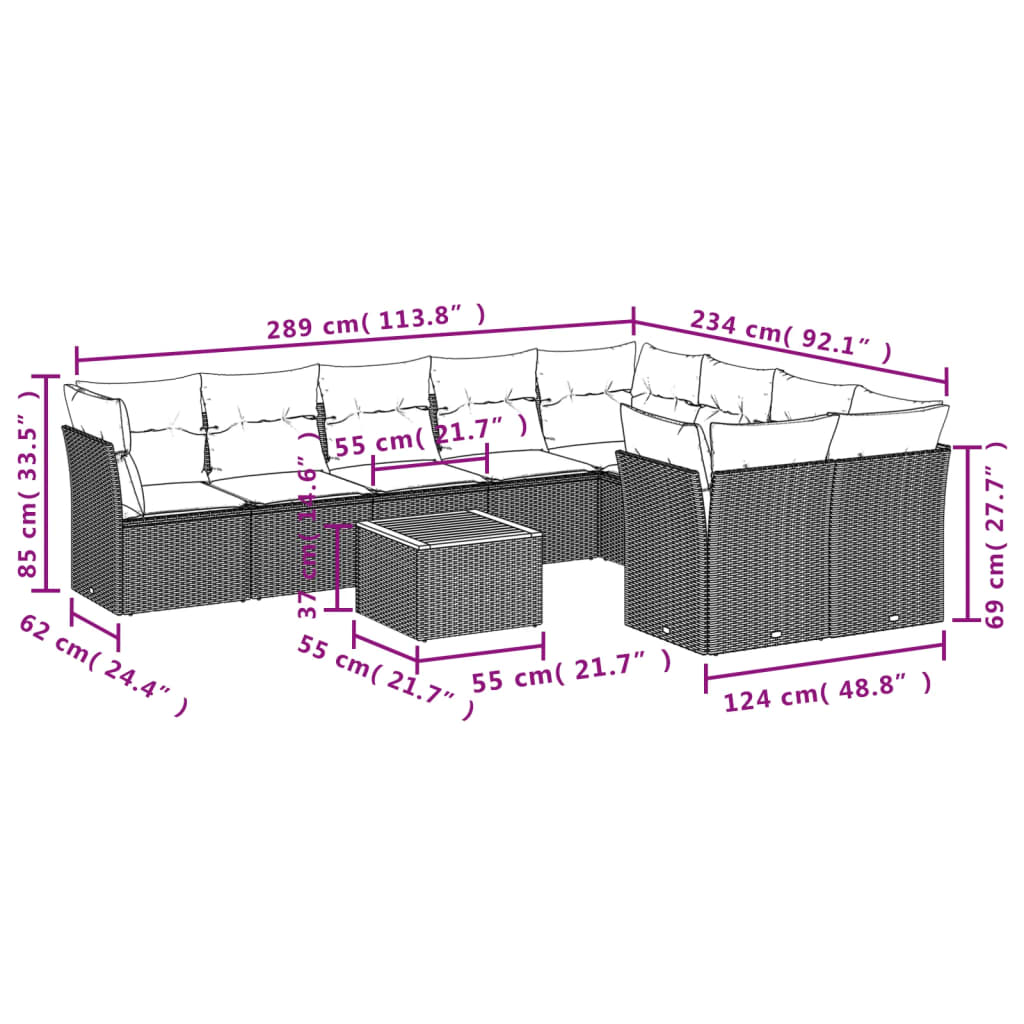 Set mobilier de grădină cu perne, 10 piese, gri, poliratan