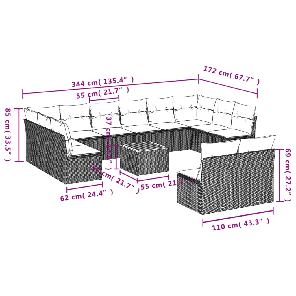 Set mobilier de grădină cu perne, 13 piese, negru, poliratan