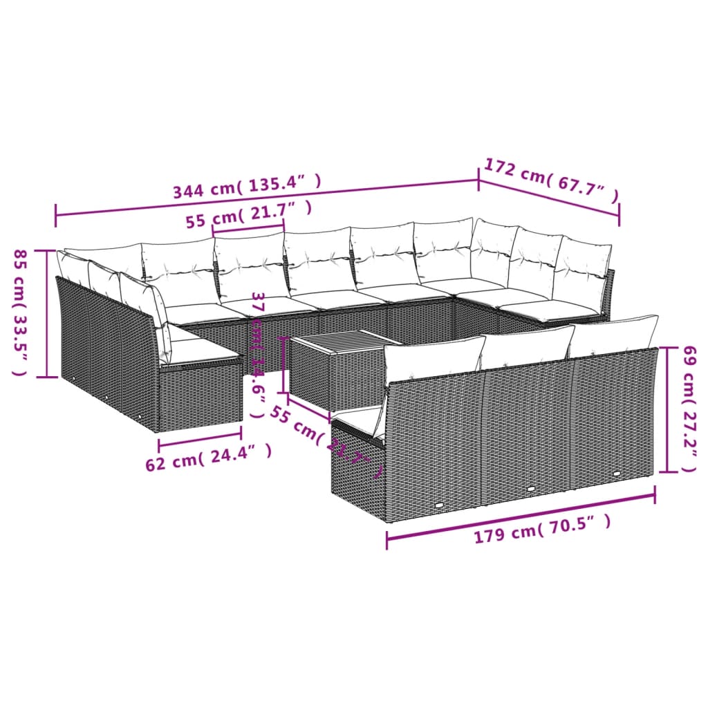 Set mobilier de grădină cu perne, 14 piese, gri, poliratan