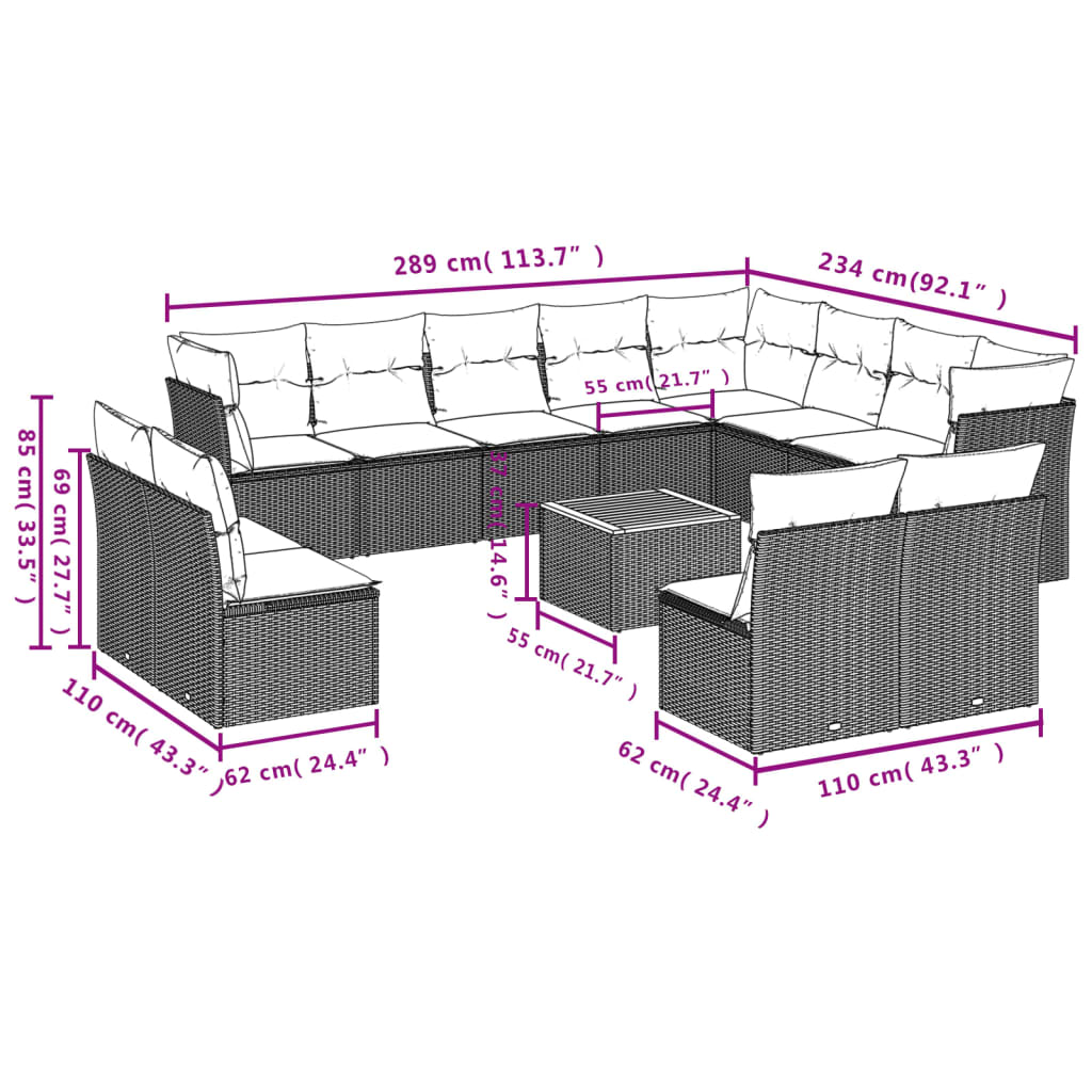 Set mobilier de grădină cu perne, 13 piese, gri, poliratan