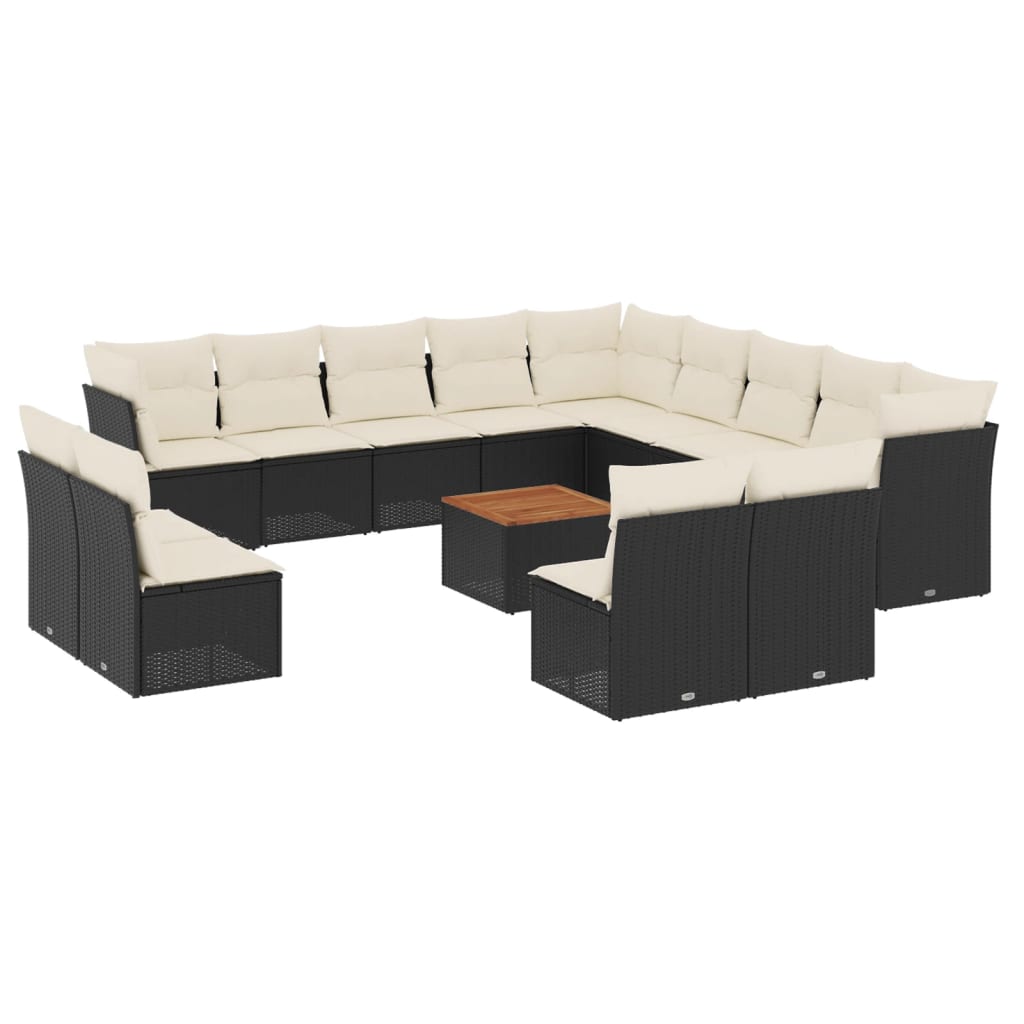 Set mobilier de grădină cu perne, 14 piese, negru, poliratan