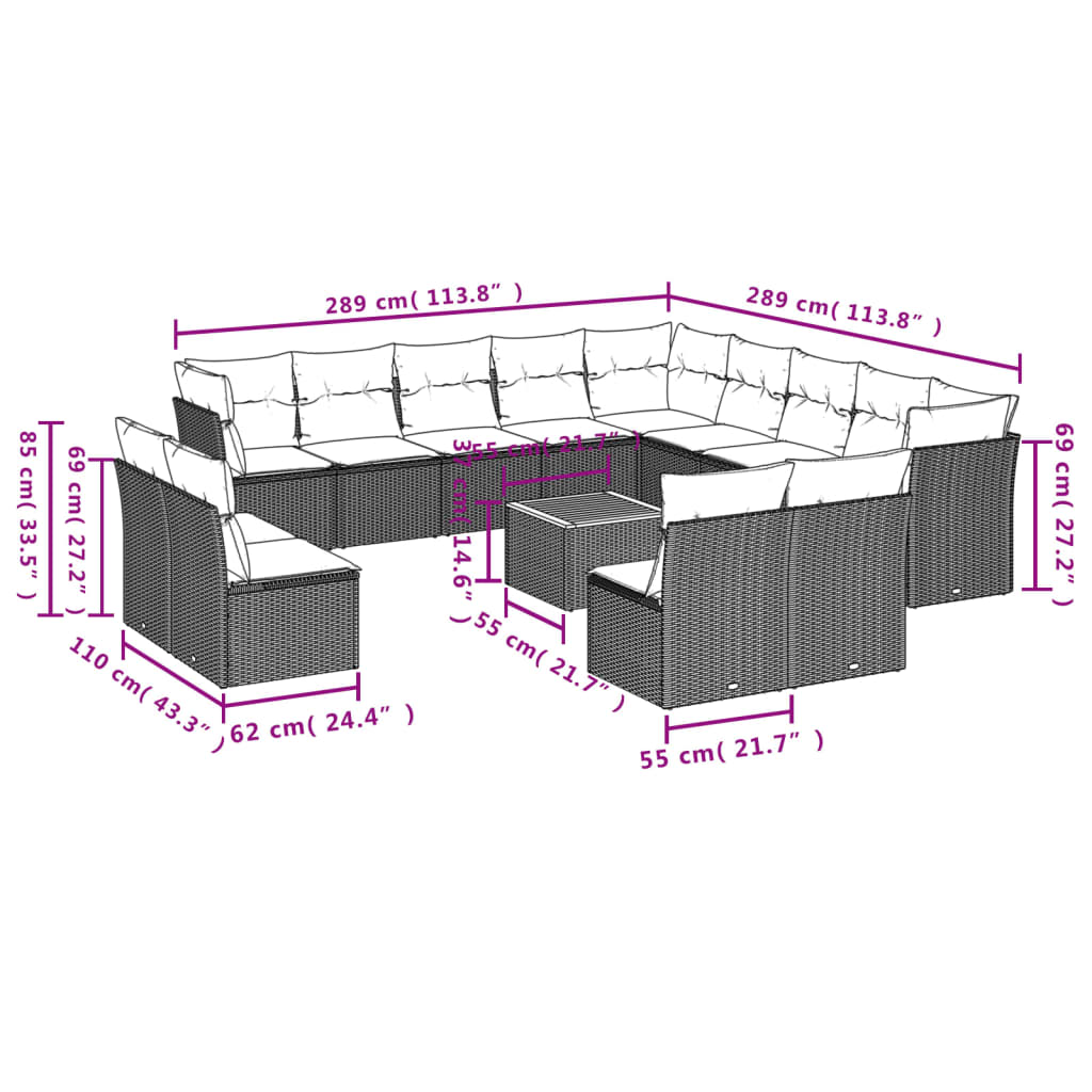 Set mobilier de grădină cu perne, 14 piese, negru, poliratan