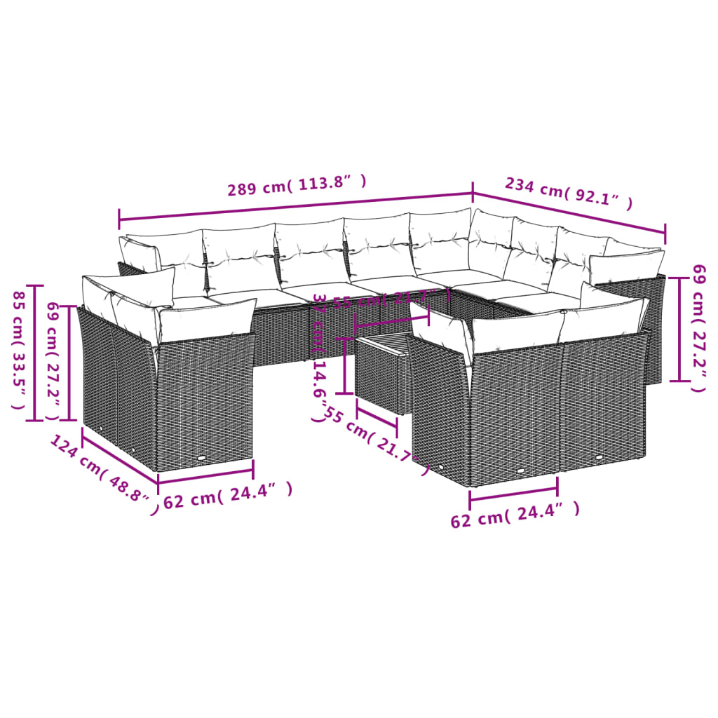 Set mobilier de grădină cu perne, 13 piese, gri, poliratan