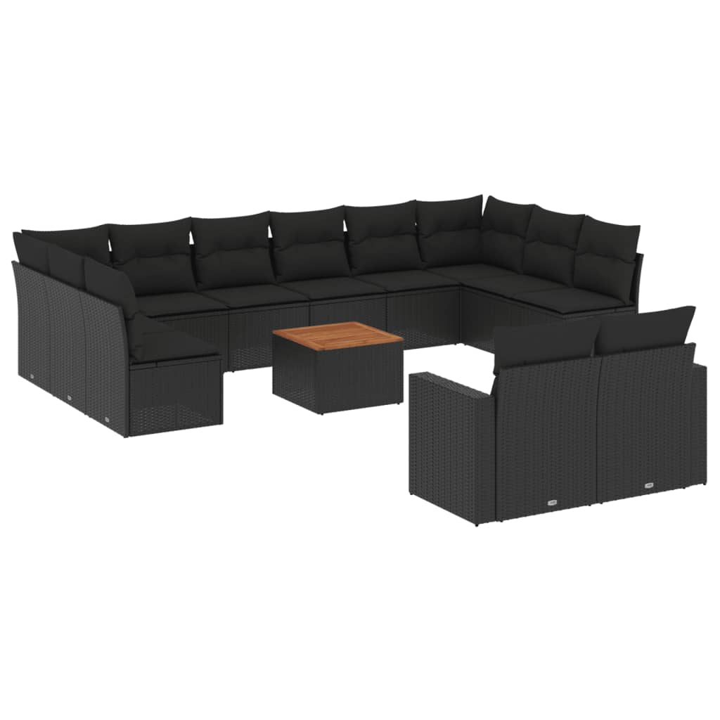 Set mobilier de grădină cu perne, 13 piese, negru, poliratan