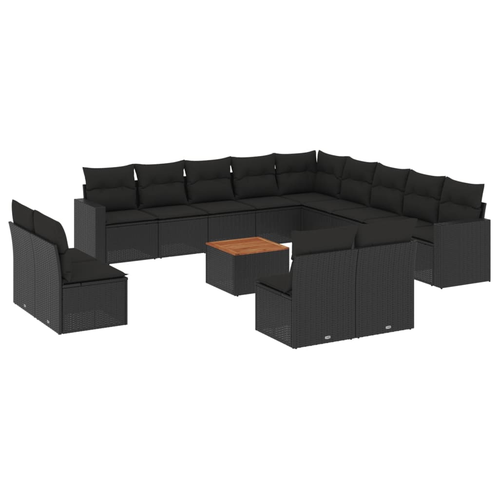 Set mobilier de grădină cu perne, 14 piese, negru, poliratan