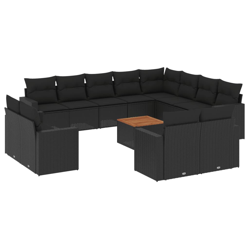 Set mobilier de grădină cu perne, 13 piese, negru, poliratan