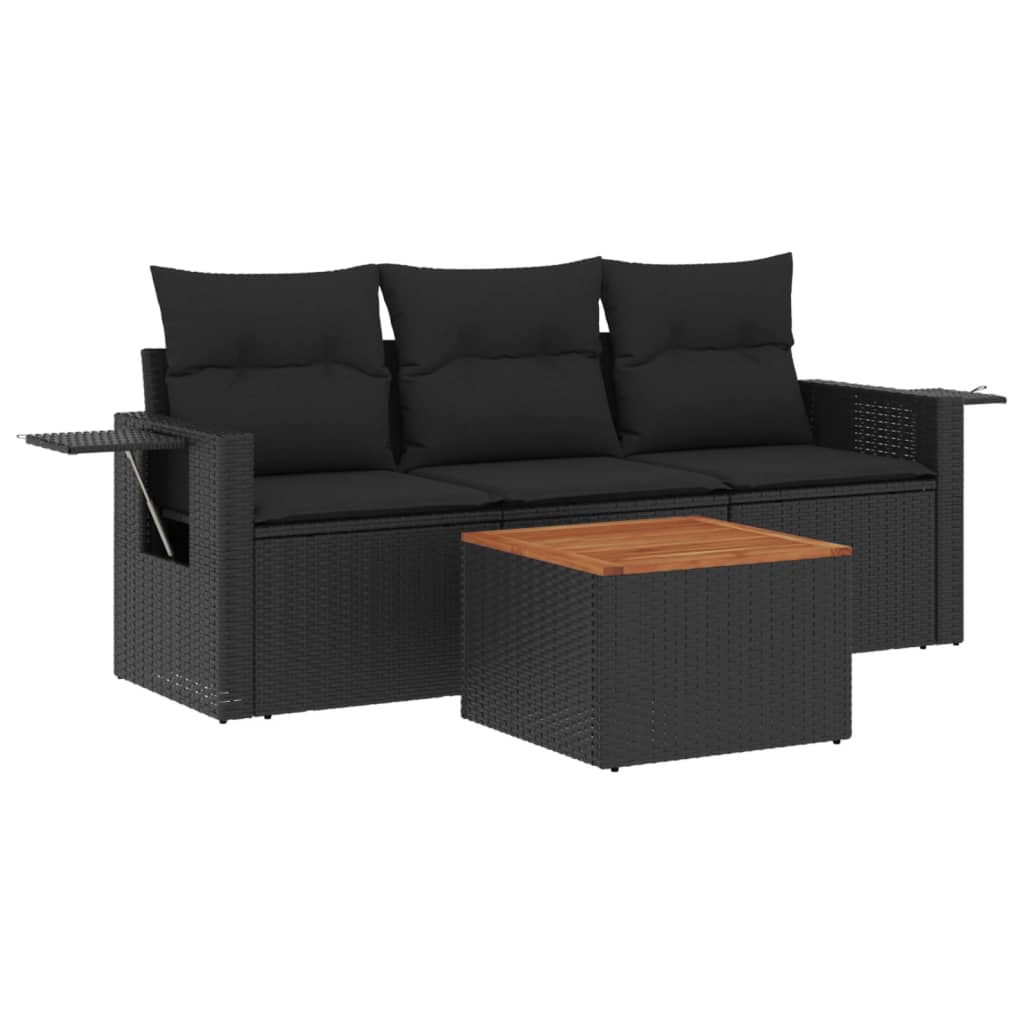 Set mobilier de grădină cu perne, 4 piese, negru, poliratan