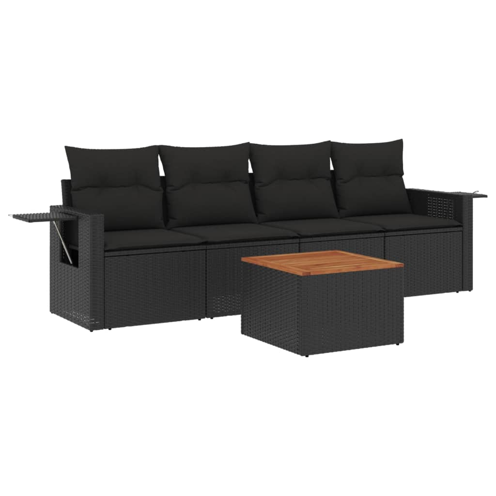 Set mobilier de grădină cu perne, 5 piese, negru, poliratan