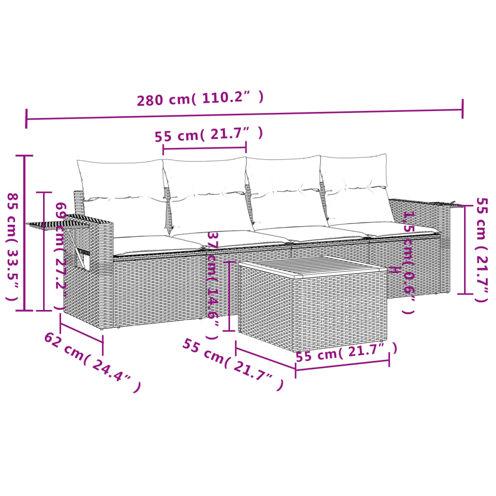 Set mobilier de grădină cu perne, 5 piese, negru, poliratan