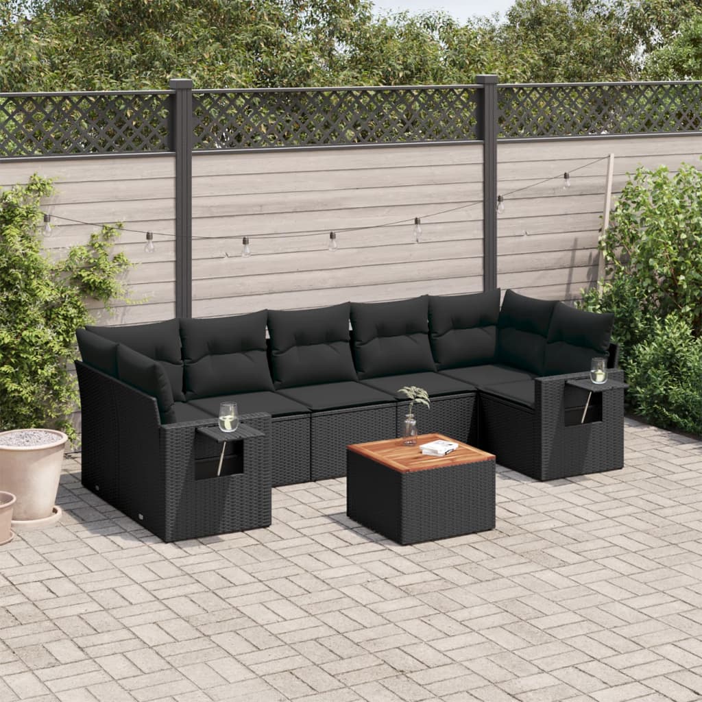 Set mobilier de grădină cu perne, 8 piese, negru, poliratan