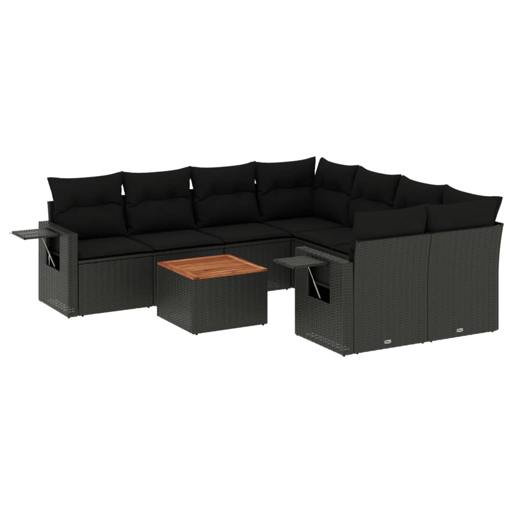 Set mobilier de grădină cu perne, 9 piese, negru, poliratan