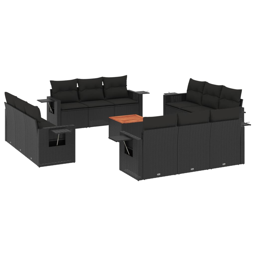 Set mobilier de grădină cu perne, 13 piese, negru, poliratan