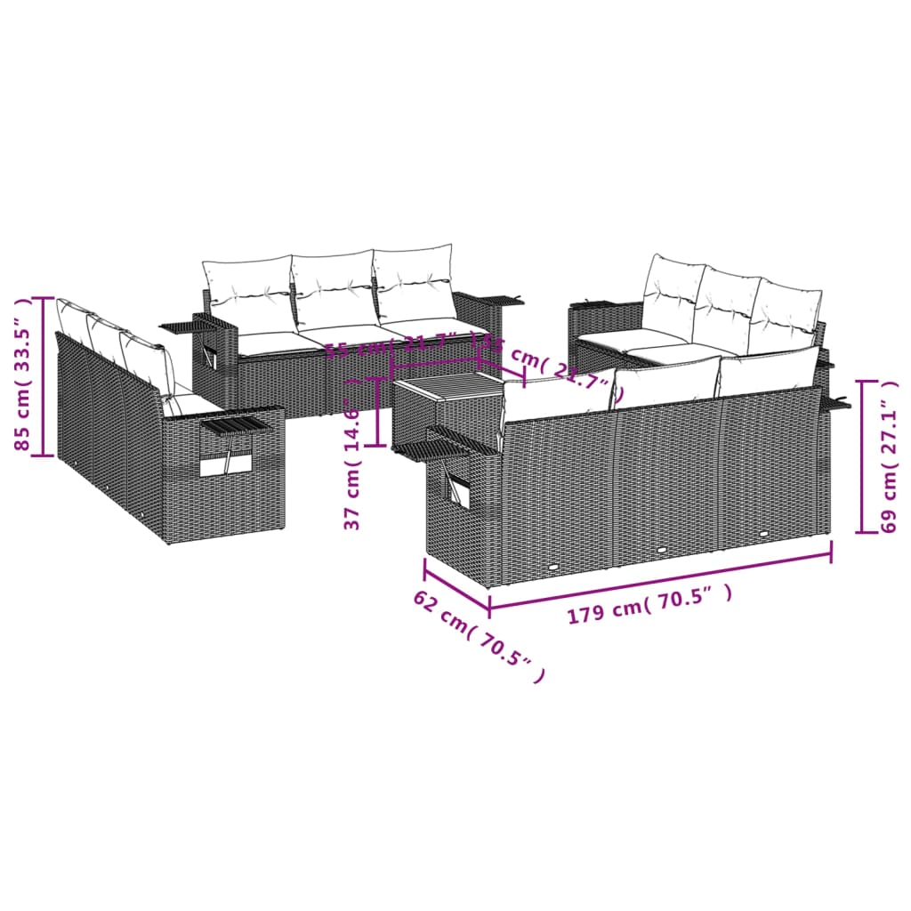 Set mobilier de grădină cu perne, 13 piese, negru, poliratan